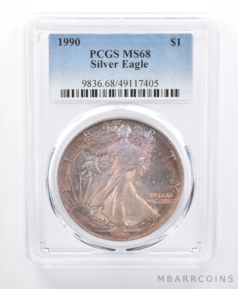 1990 American Silver Eagle MS68 PCGS Orange/Purple Tone *8603
