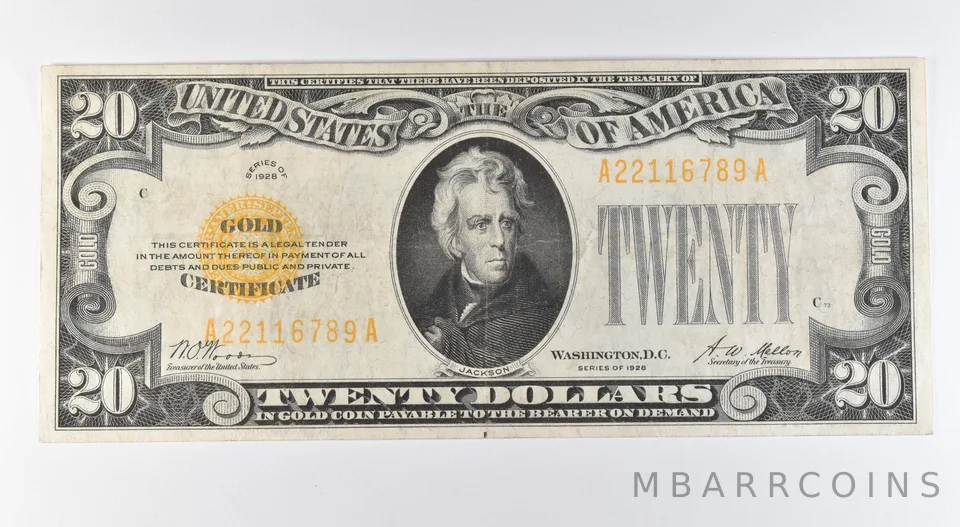 1928 $20 Gold Certificate Yellow Seal Fr#2402 *9582