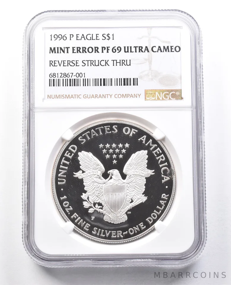1996-P American Silver Eagle Mint Error PF69 UCAM Reverse Struck Thru NGC a1797