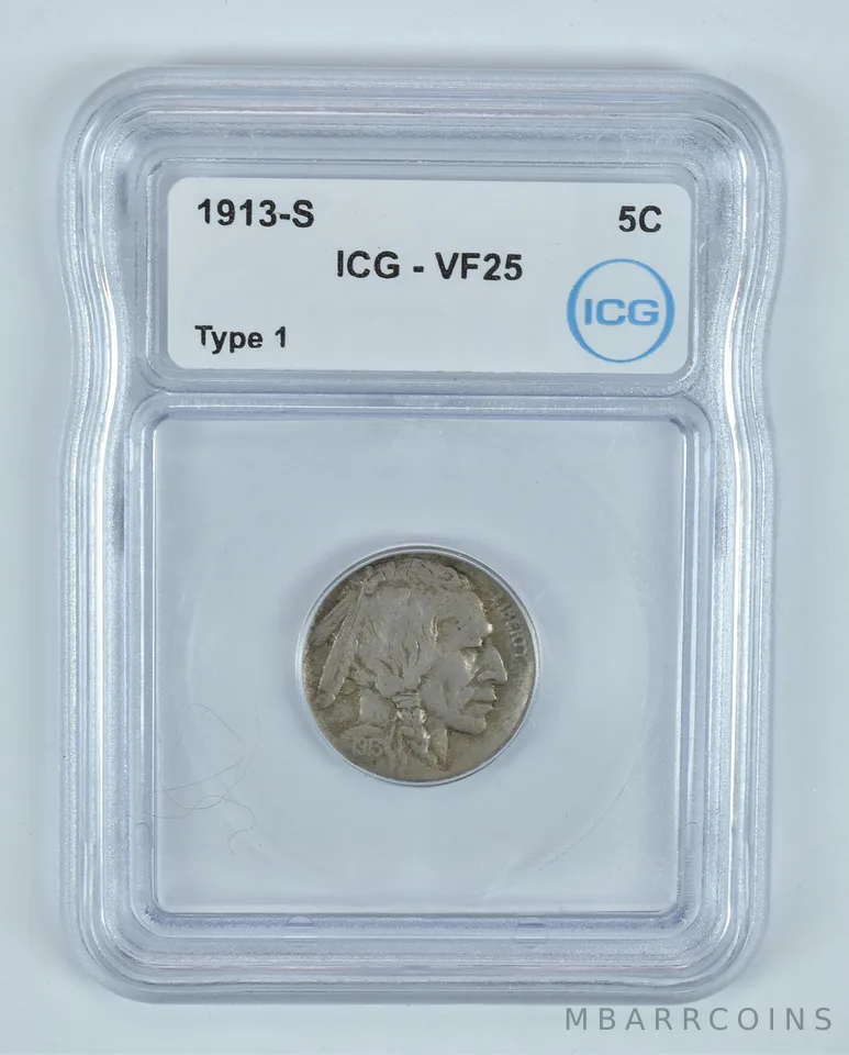 1913-S Indian Head Buffalo Nickel Type 1 VF25 ICG *9143