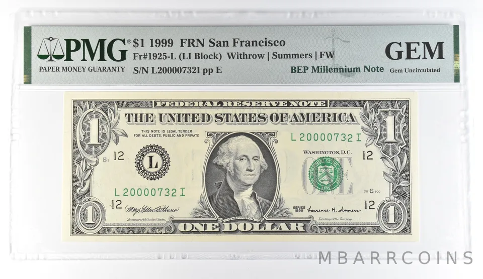 1999 $1 San Francisco CA Fr#1925-L BEP Millennium Note PMG Fancy Serial *8086