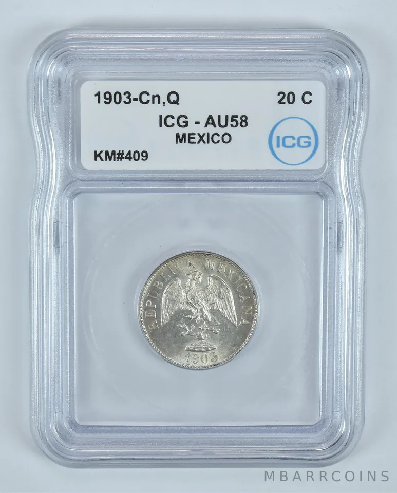 1903 Cn Q Mexico 20 Centavos KM#409 AU58 ICG *9159