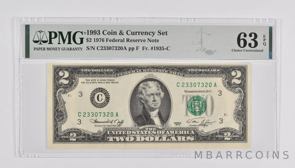 $2 1976 FRN 1993 Coin and Currency Set FR#1935-C PMG 63 EPQ