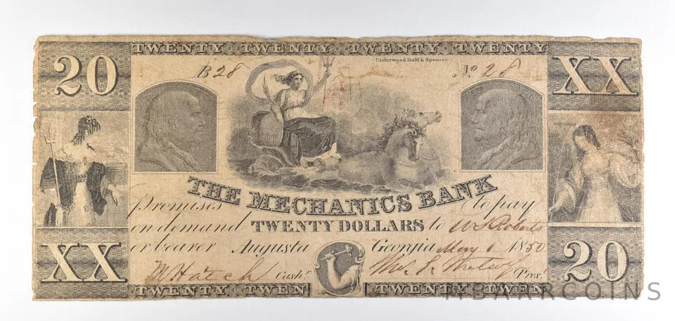 1850 $20 Augusta GA Mechanics Bank Obsolete Note *8789