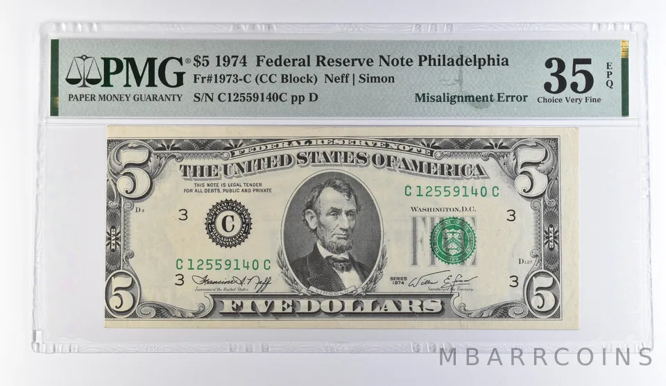 1974 $5 Philadelphia PA FRN Misalignment Error Fr#1973-C VF 35 EPQ PMG *9431