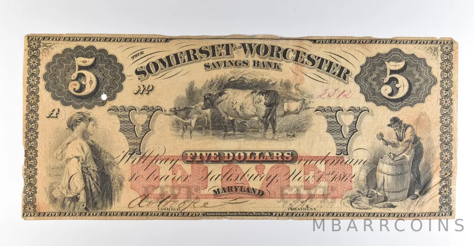 1862 $5 Salisbury MD Somerset & Worcester Savings Bank Obsolete Note *8485