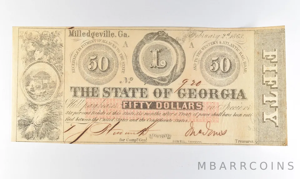 1863 $50 Milledgeville GA Obsolete Note *8306
