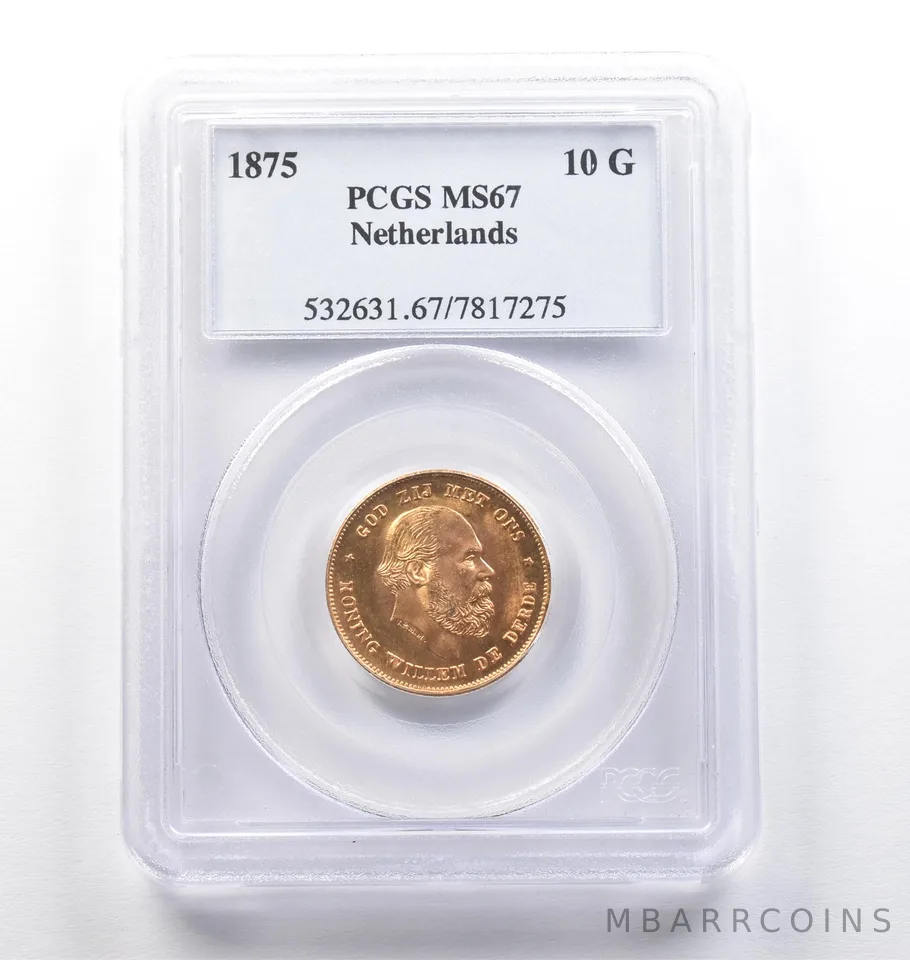 1875 Netherlands 10 Gulden Gold MS67 PCGS *9497