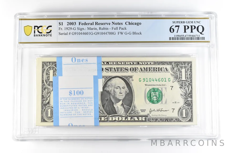 (100) 2003 $1 Chicago IL FRN Fr#1929-G Full Pack Gem Unc 67 PPQ PCGS *9862