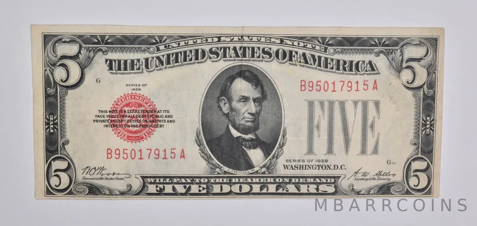 1928 $5 United States Legal Tender Note Red Seal a5361