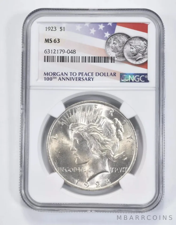 1923 Peace Silver Dollar MS63 NGC 100th Anniv 2021 Flag Label