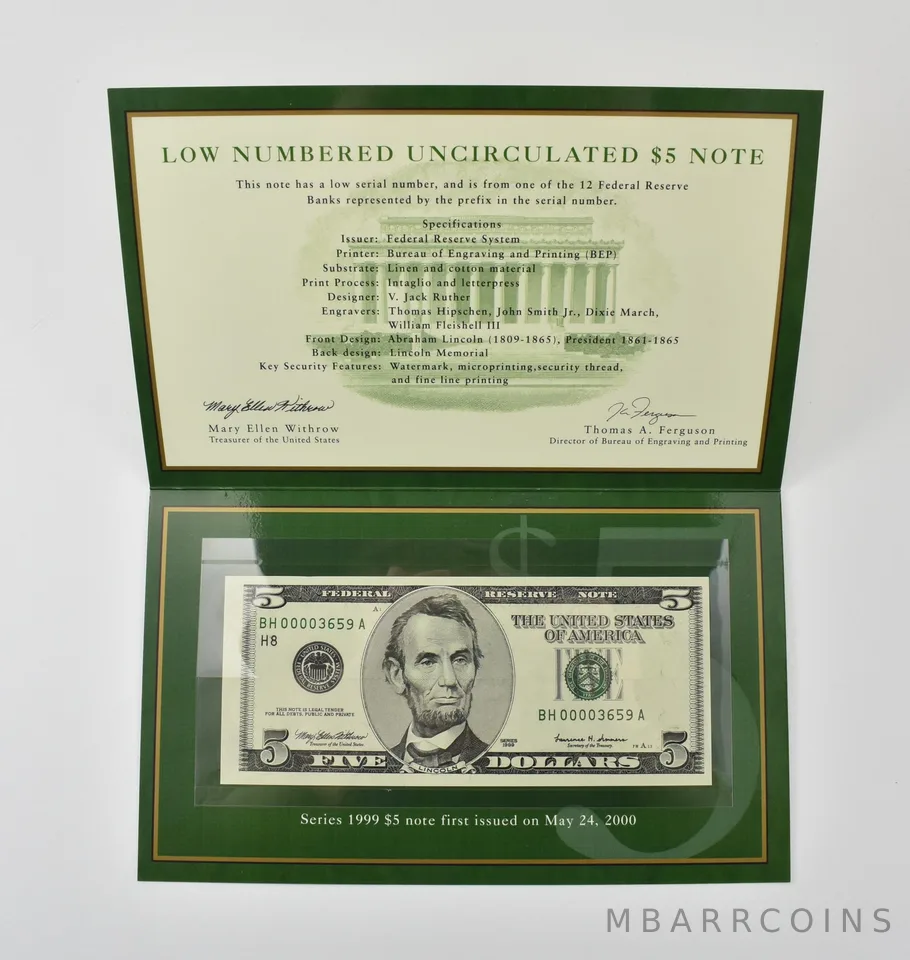1999 $5 FRN H Bank Low Serial Number BEP a0391