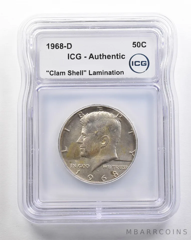 1968-D Kennedy Half Dollar Clam Shell Lamination Authentic ICG *4349