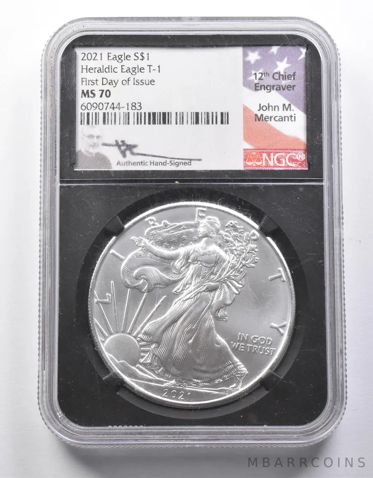 MS70 2021 American Silver Eagle Heraldic Eagle T1 FDOI Mercanti Signed NGC *8636