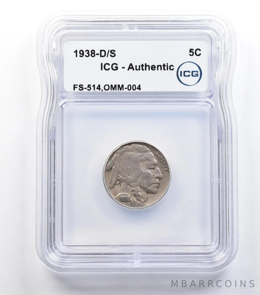 1938-D/S Indian Head Buffalo Nickel FS-514 OMM-004 Authentic ICG *9319