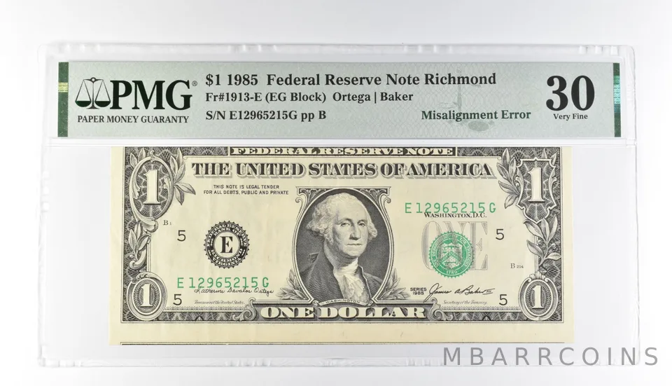 PMG 30 VF $1 1985 FRN Richmond Fr#1913-E Misalignment Error *3196