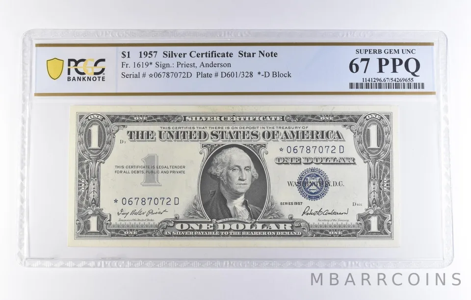 1957 $1 Silver Certificate Star Note Fr#1619* Superb Gem Unc 67 PPQ PCGS *8323