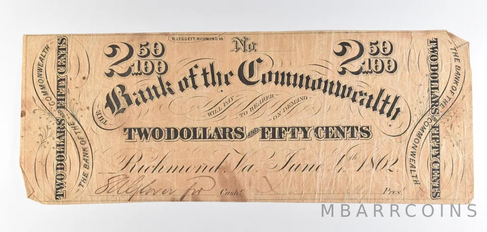 1862 $2.50 Richmond VA Bank Of The Commonwealth Obsolete Note *8871