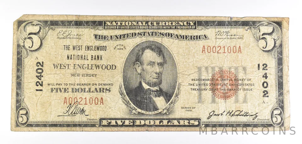 1929 $5 West Englewood, NJ National Currency Note Brown Seal 12402 *5734