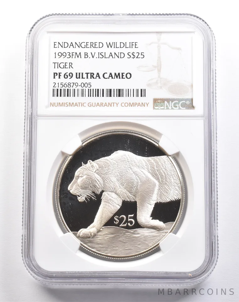 1993 FM British Virgin Islands 25 Dollars Silver Tiger PF69 UCAM NGC *4936