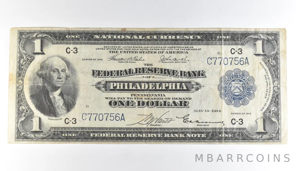 1918 $1 Philadelphia PA National Currency Large Note Blue Seal *1672