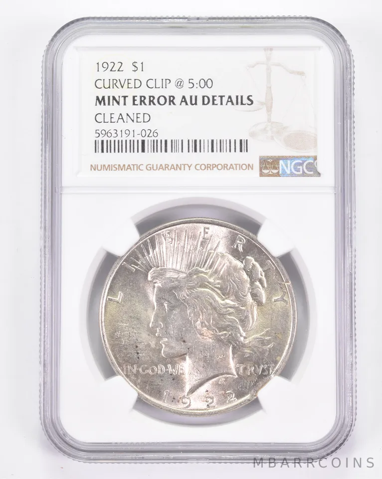 Mint Error AU Details 1922 Peace Silver Dollar - Curved Clip @ 5:00 NGC a8848