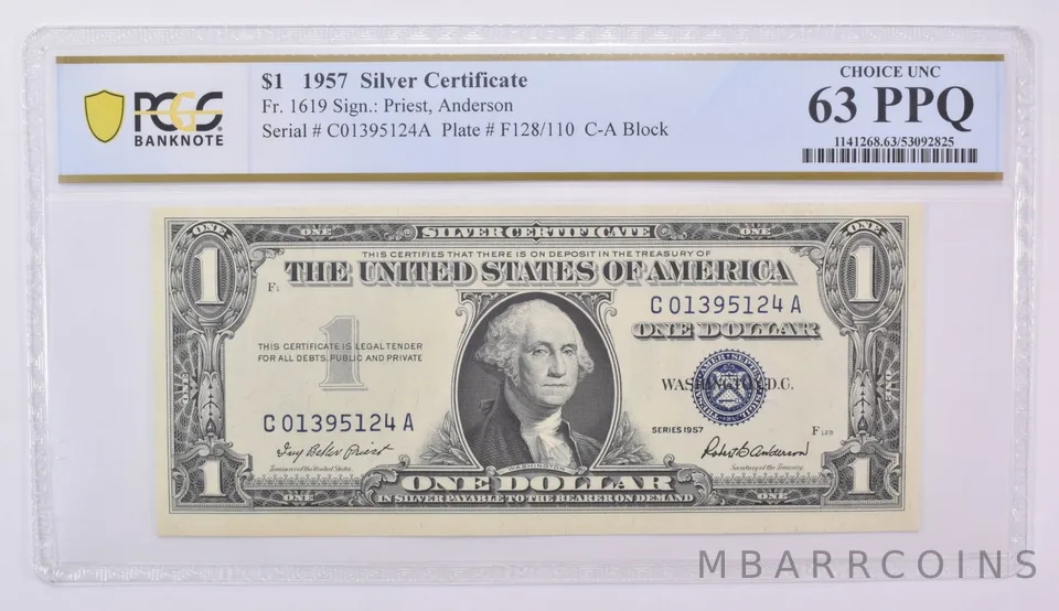 1957 $1 Silver Certificate Fr#1619 Choice Unc 63 PPQ PCGS