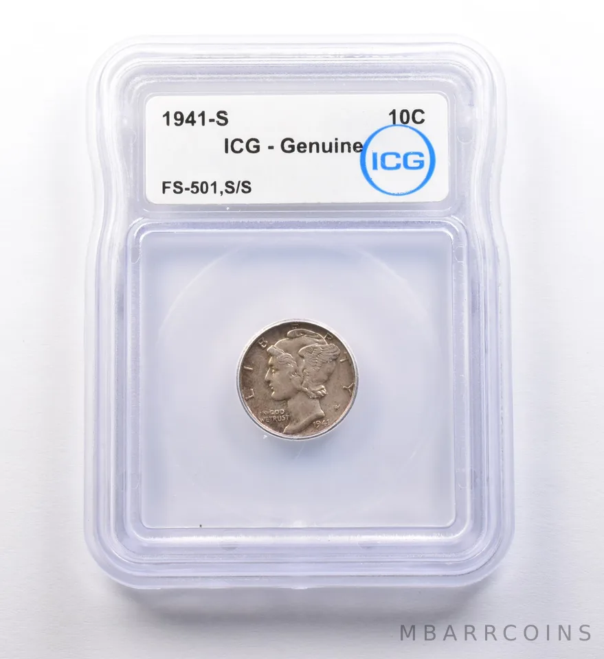1941-S Mercury Dime FS-501, S/S Genuine ICG a9706