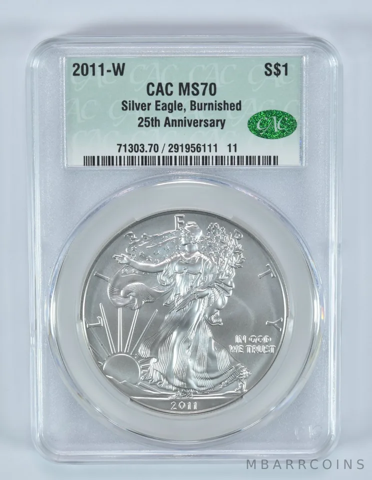 2011-W Burnished Silver Eagle 25th Anniversary MS70 CAC CACg