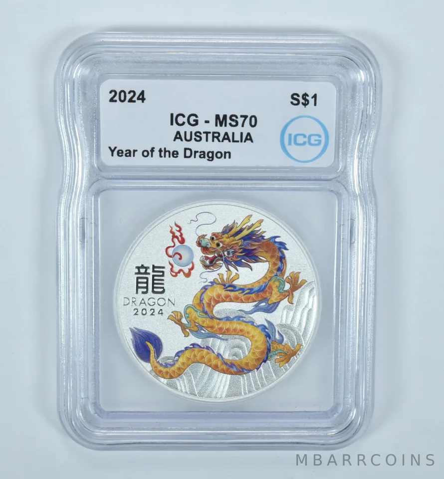 2024 Australia Silver Dollar Year Of The Dragon Yellow Colorized MS70 ICG