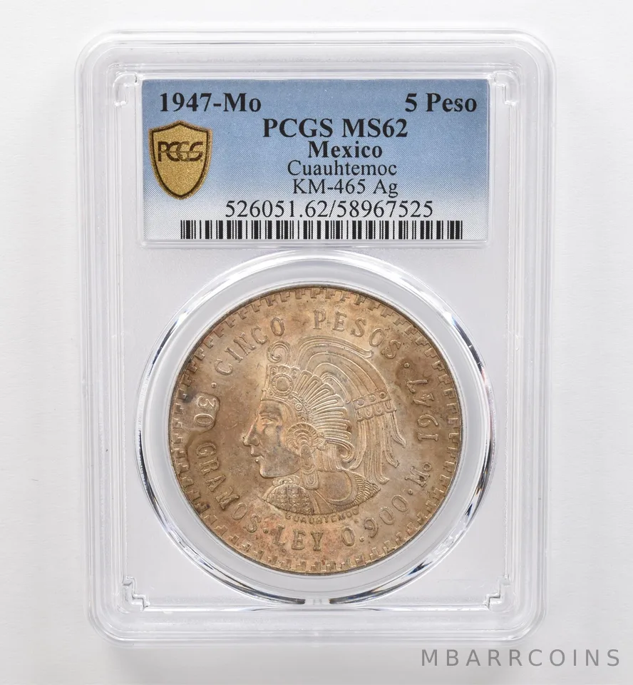 1947 Mo Mexico 5 Pesos Silver Cuauhtemoc KM-465 MS62 PCGS Beautiful Tone *9282