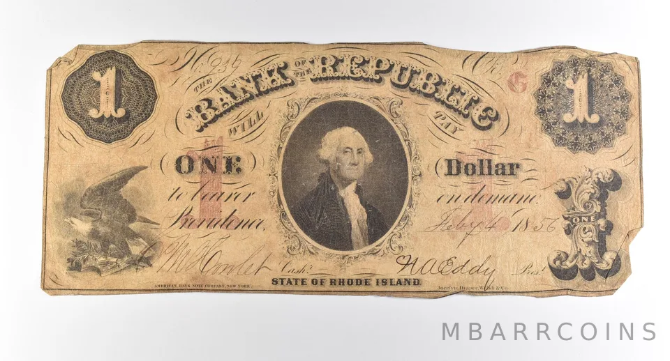 1856 $1 Rhode Island Bank Of The Republic Obsolete Note *3758