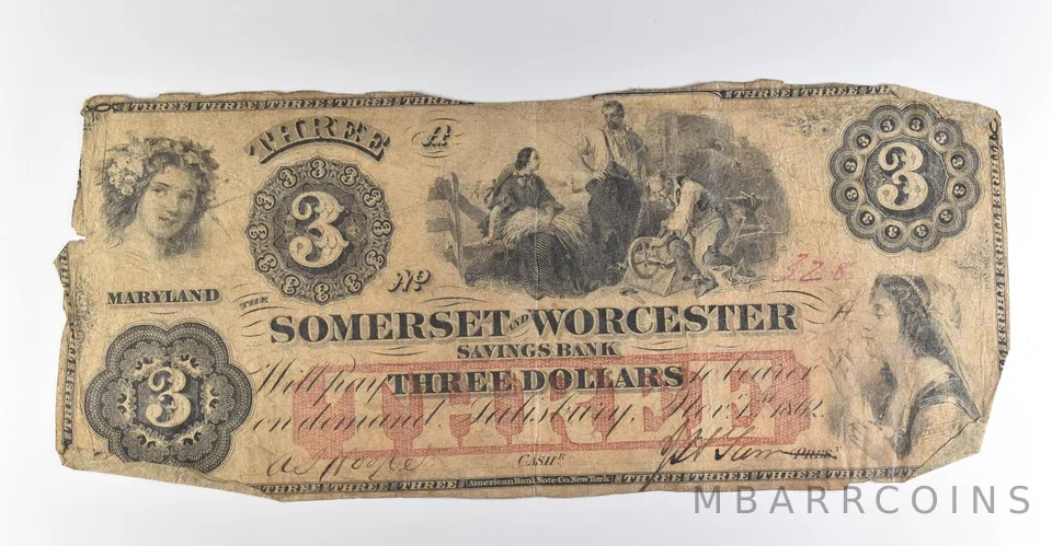 1862 $3 Salisbury MD Somerset & Worcester Savings Bank Obsolete Note *8483