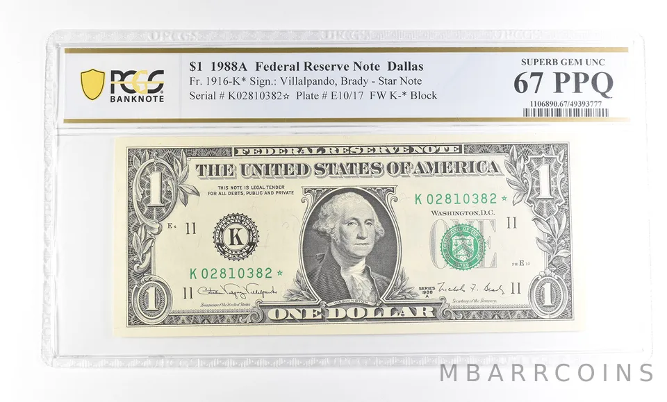 1988 A $1 Dallas TX FRN Star Note Fr#1916-K* Superb Gem Unc 67 PPQ PCGS *2899