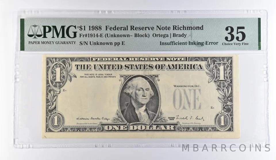 1988 $1 Richmond FRN Insufficient Inking Error Fr#1914-E Choice VF 35 PMG *9477