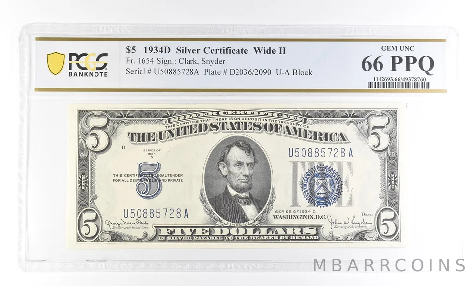 1934 D $5 Silver Certificate Wide II Fr#1654 Gem Unc 66 PPQ PCGS a2789