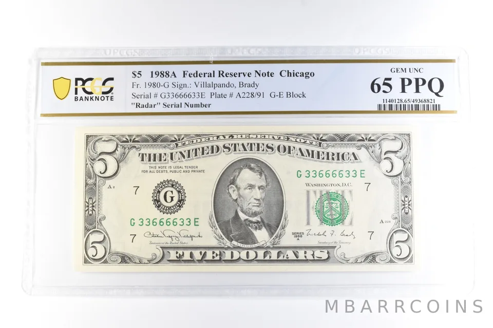 1988 A $5 Chicago IL FRN Fr#1980-G Radar Serial Gem Unc 65 PPQ PCGS a6102