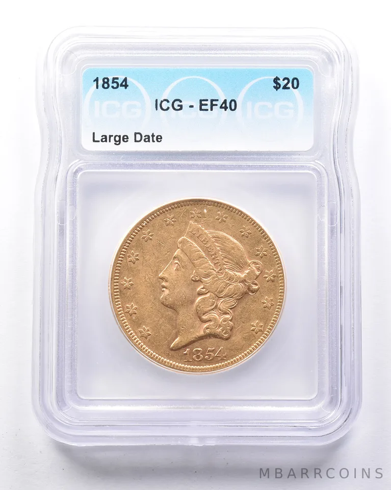 1854 $20 Liberty Head Gold Double Eagle Large Date EF40 ICG *0597