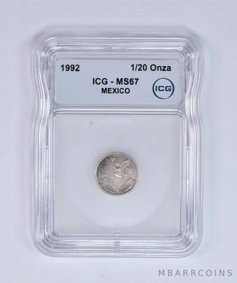 1992 Mo Mexico 1/20 Onza Silver Libertad MS67 ICG Beautiful Tone *8023