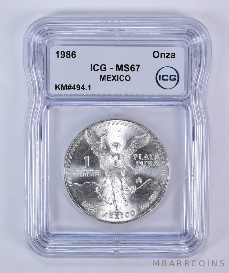 1986 Mo Mexico 1 Onza Silver Libertad KM#494.1 MS67 ICG