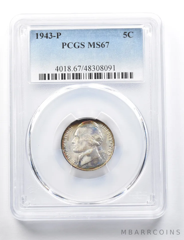 1943-P Jefferson Nickel MS67 PCGS Amazing Color *8765