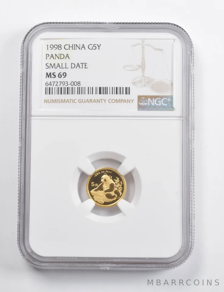 MS69 1998 China 5 Yuan Gold Panda Small Date NGC *3488