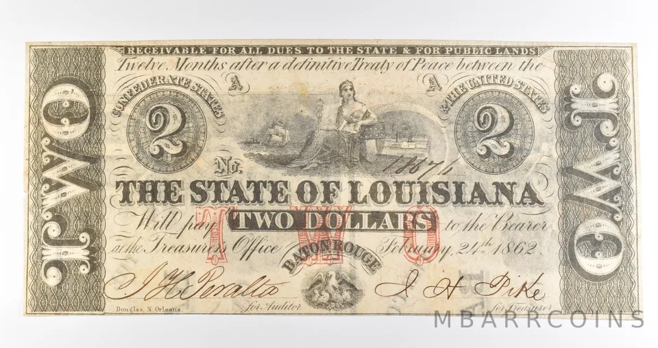 1862 $2 Baton Rouge LA Confederate States Of America Obsolete Note *3918