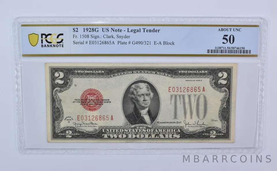 1928 G $2 Legal Tender Fr#1508 Red Seal About Unc 50 PCGS *8087