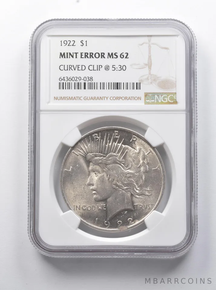 Error MS62 1922 Peace Silver Dollar Curved Clip @ 5:30 NGC a7889