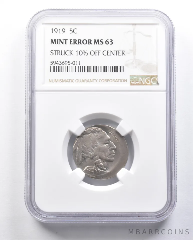 1919 Indian Head Buffalo Nickel Mint Error MS63 Struck 10% Off Center NGC a6389