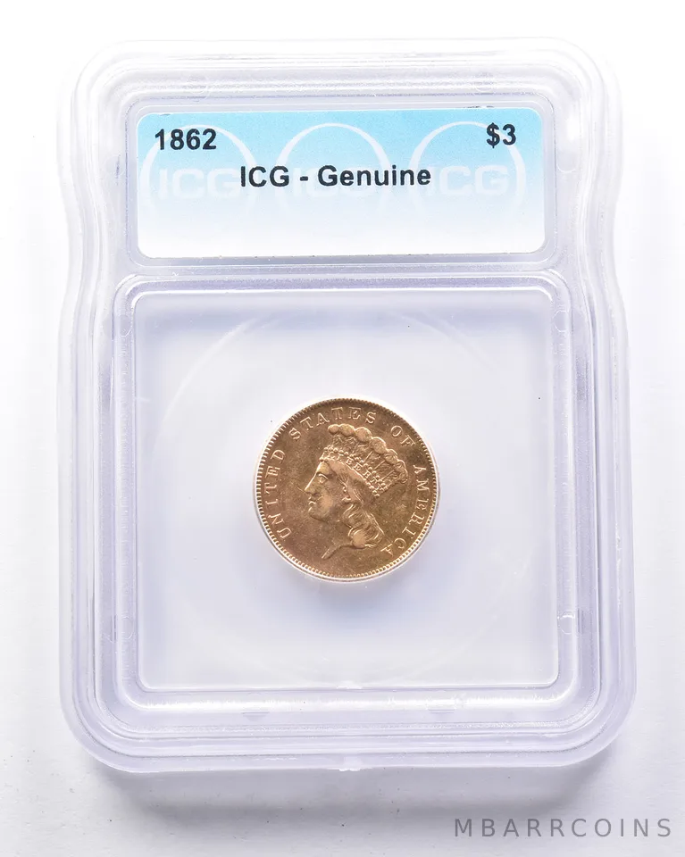 1862 $3 Indian Princess Head Gold Three Dollar Piece Genuine ICG a0592