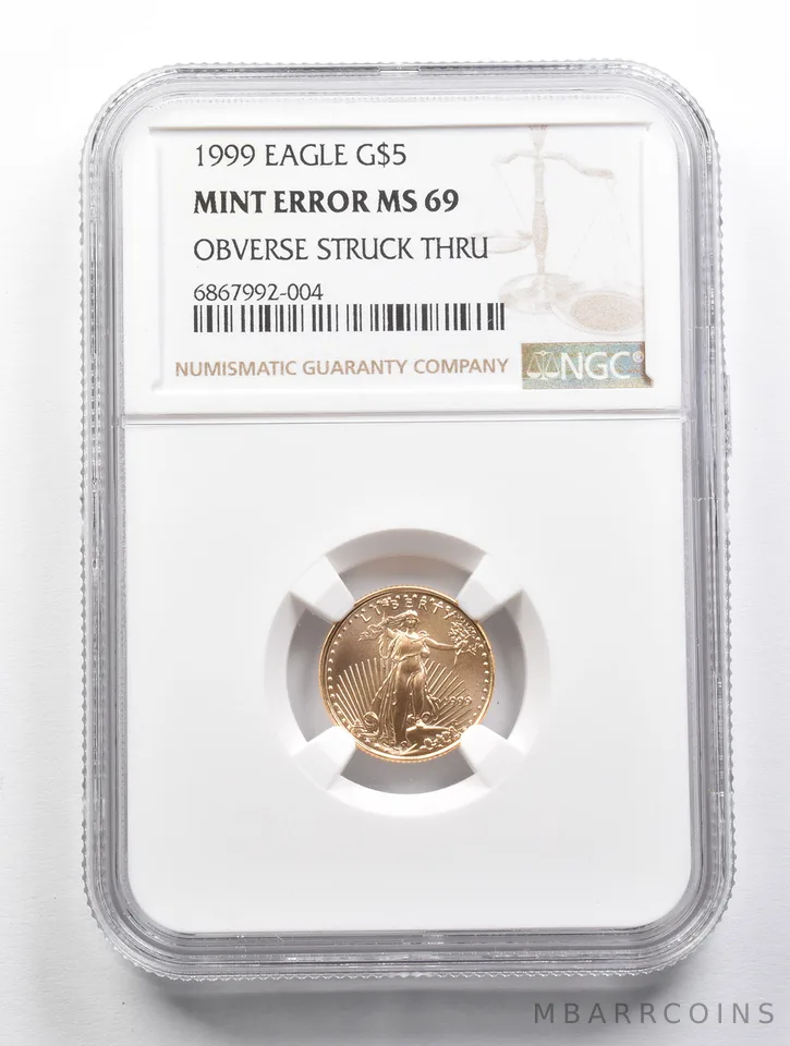 MS69 1999 $5 American Gold Eagle Error Obv Struck Thru 1/10 Oz Gold NGC a3512