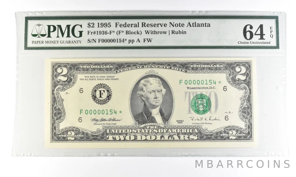 1995 $2 Atlanta GA FRN Fr#1936-F* Star Error Gem Unc 64 EPQ PMG Low Serial *5464