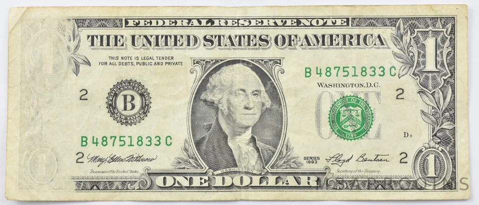 1993 $1 New York, NY Federal Reserve Note Green Seat Insufficient Inking *3892